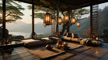 Japanese zen garden retreat meditation lanterns 
