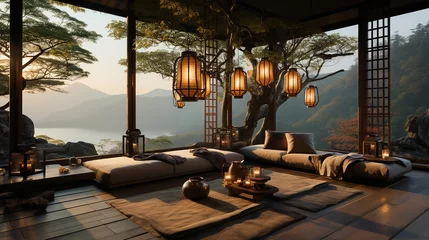 Gordijnen Japanese zen garden retreat meditation lanterns  © Umut
