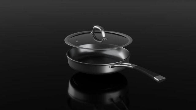 Stainless steel frying pan with glass lid and chrome plated aluminum cookware on black background. 3d render of non-stick kitchen utensils