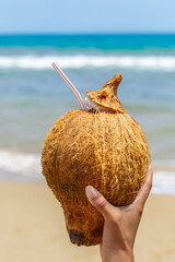 Hand holding raw coconut to drink with straw at beach