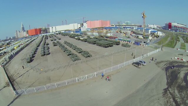 Military base with machines for Victory Day Parade on Red Square