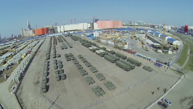 Cityscape with military machines for Victory Day Parade