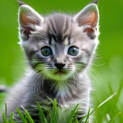 Gray kitten on green grass