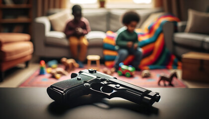 Black hand gun on a table, background small children playing with toys on a colorful blanket on the floor.A unsecured gun in the home can be very dangerous, especially for children. 