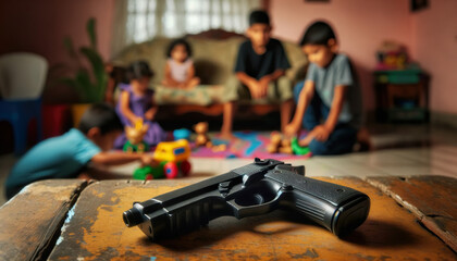 Black hand gun on a table, background small children playing with toys on a colorful blanket on the floor.A unsecured gun in the home can be very dangerous, especially for children. 