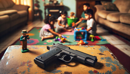 Obraz premium Black hand gun on a table, background small children playing with toys on a colorful blanket on the floor.A unsecured gun in the home can be very dangerous, especially for children. 