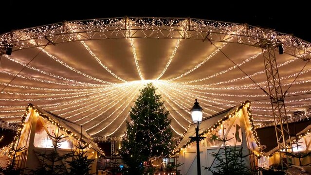  Decorated for Christmas holidays, Denmark, Copenhagen , Viborg, Shopping street in historical center of Aarhus decorated for New Year holidays, Pedestrians Christmas shopping on Stroget at night.
