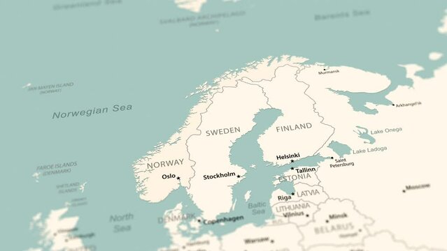 Norway on the world map. Smooth map rotation. 4K animation.