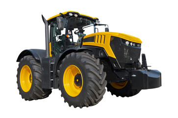 Big yellow agricultural tractor, front view