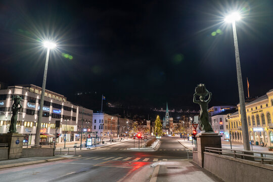 Drammen city, Norway 06.01.2021.-city view at winter night time.