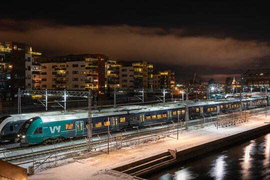 Drammen Train Station, Norway 06.01.2021.-view at Drammen Train Station at winter night time.