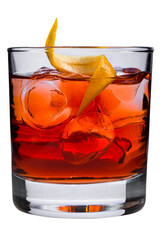 Negroni alcoholic cocktail with liqueur, gin, vermouth and ice in a glass isolated on a white.