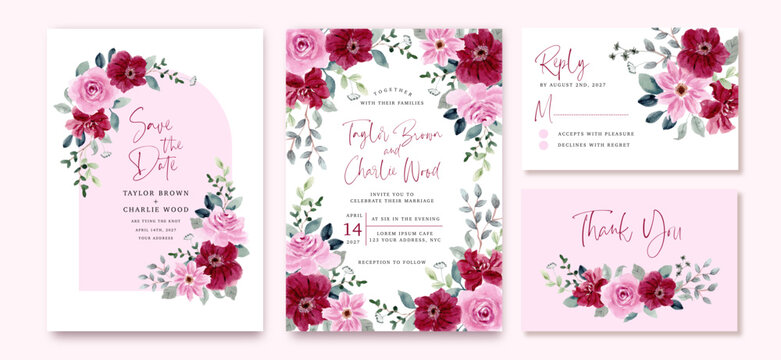 wedding invitation set with red pink floral watercolor frame