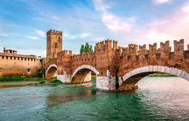 The Castelvecchio Bridge (aka Scaliger Bridge), a medieval fortified bridge that spans river Adige in Verona, Veneto, Italy.