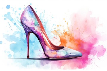 Watercolor fashion women high-heeled shoe against a background of splashes and stains. In light rainbow colors. Ideal for fashion blogs or retail advertisements - obrazy, fototapety, plakaty