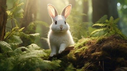 White bunny sits amidst lush greenery, bathed in soft sunlight. Perfect for children's books or educational materials. - obrazy, fototapety, plakaty
