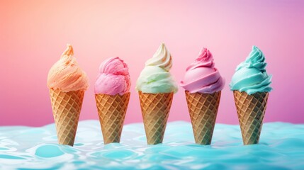 Five different flavored ice creams in cones against a gradient pink-blue background. With copy space. Ideal for dessert menus, promotions, advertising sweet treats, food blogs or culinary websites.