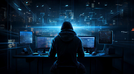 Dangerous hooded hacker breaks into government data servers and infects their system with a virus - obrazy, fototapety, plakaty