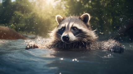 Close up of a raccoon swimming in water, with splashes visible around it, set against natural background. Ideal for wildlife and nature content, educational material, environmental awareness campaign