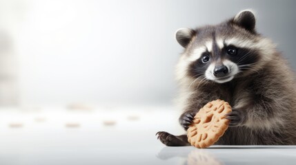 Raccoon with wide eyes, clutching a cookie. On light background. With copy space. Sweet Bandit....