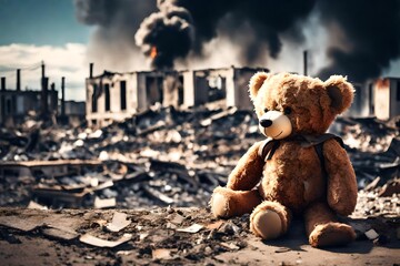 kids teddy bear toy over city burned destruction of an aftermath war conflict, earthquake or fire...