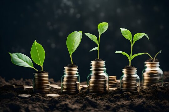 plants growing in bulbs green investment concept Rising money to invest A seedling is growing on a coin lying on the ground. financial growth concept