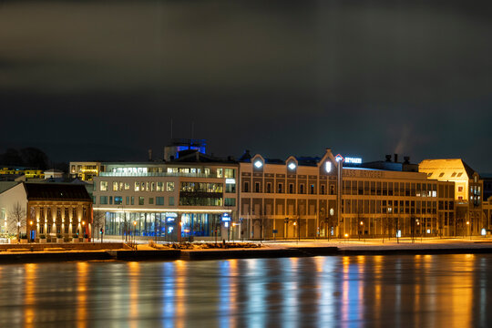 Drammen city, Norway 06.01.2021.-Aass Bryggery at winter night time.