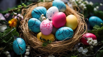 Fototapeta na wymiar beautiful colorful easter eggs in a basket