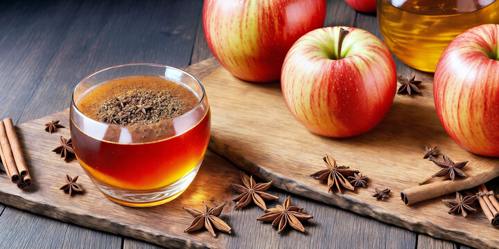 A Refreshing Glass of Apple Cider on a Wooden Cutting Board