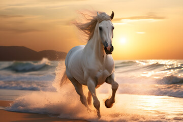 Obraz na płótnie Canvas Pferdezauber am Horizont: Galoppierendes Pferd am Strand beim Sonnenaufgang für magische Küstenerlebnisse