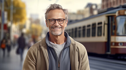Nice looking Man beneath a Tram in the City