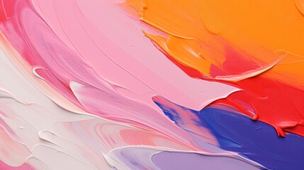 Abstract brush strokes colored paint, showcasing soft variations in unmodulated hues of orange, white, pink, and purple