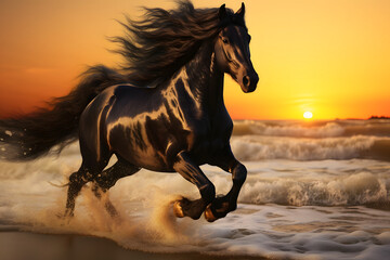 Pferdezauber am Horizont: Galoppierendes Pferd am Strand beim Sonnenaufgang für magische Küstenerlebnisse