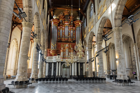 Interior of St. Lawrence Church (Grote of Sint-Laurenskerk, 1449 - 1525) - Protestant church in the town center of Rotterdam. Rotterdam, The Netherlands. MAY 26, 2022.