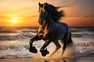 Obraz na płótnie Canvas Pferdezauber am Horizont: Galoppierendes Pferd am Strand beim Sonnenaufgang für magische Küstenerlebnisse