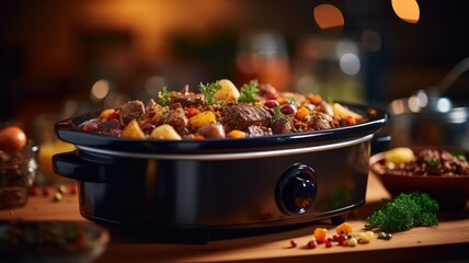 A savory slow-cooked stew filled with meat and vegetables - obrazy, fototapety, plakaty