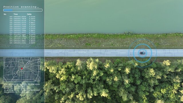 Futuristic concept car driving on autonomous mode. Graphic of navigation and location tracking. Aerial