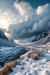 Snow-Covered Mountain with Majestic River