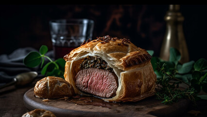 Beef Wellington British dish of beef tenderloin coated with pâté and wrapped puff pastry. Generative AI.