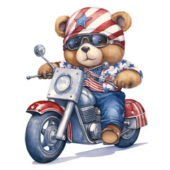 Cute Bear American Flag Motorcycle Clipart Illustration