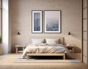modern interior design decoration of a bedroom with a queen-sized bed with  neutral colored sheets and wooden nightstand with rustic and cozy vibes, photography on the brick wall and modern lamps 