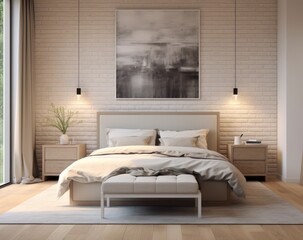 modern interior design decoration of a bedroom with a queen-sized bed with  neutral colored sheets and wooden nightstand with rustic and cozy vibes, photography on the brick wall and modern lamps 