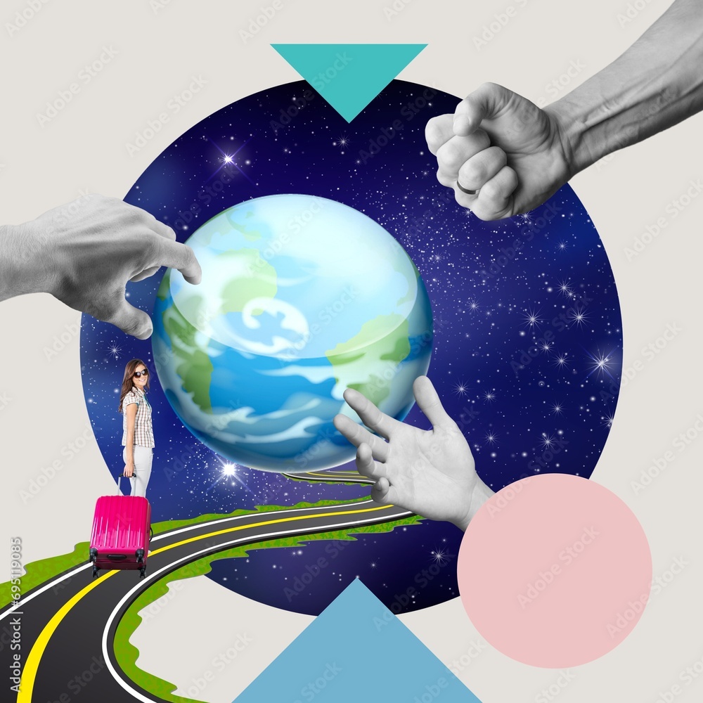 Poster Contemporary collage. Human hands over globe