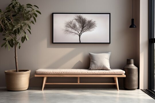 Modern and rustic living room interior, wooden benches with grey pillows and photographs and paintings on the wall,  nature, outdoors, summer, spring, fall, winter, relaxation, peace, tranquility. 