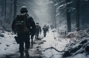 Group of infantry soldiers in uniforms walking over snow covered landscape, Military conflict or war concept