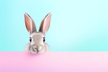 Fototapeta na wymiar A funny hare or rabbit on a pastel pink and blue background. Copy space for text.