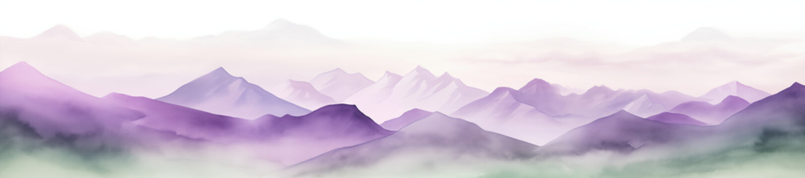 Watercolor mountain landscape with pale purple and green colors. Minimalistic style. Banner image.	

