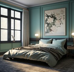 modern neoclassic  interior design decoration of a blue bedroom with a queen-sized bed with cotton neutral coloured sheets and nightstand with and cozy vibes, with flower painting on the wall