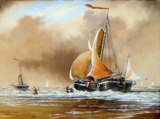 Fishermen and fishing boats on the seashore, storm, waves. Oil paintings landscape, fine art, sailing boat on the sea - 695119831