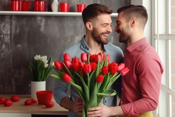 Two lovely men gay couple with present celebrating valentines day